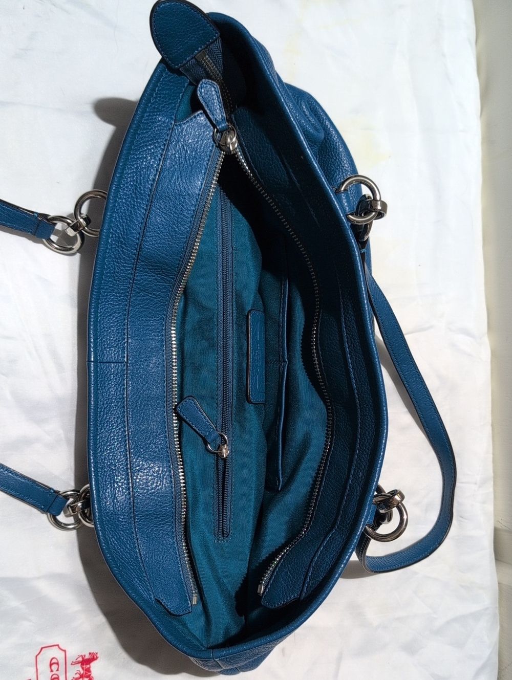 Coach Teal Blue Pebbled Leather Tote with Silver Hardware - Picture 6 of 7